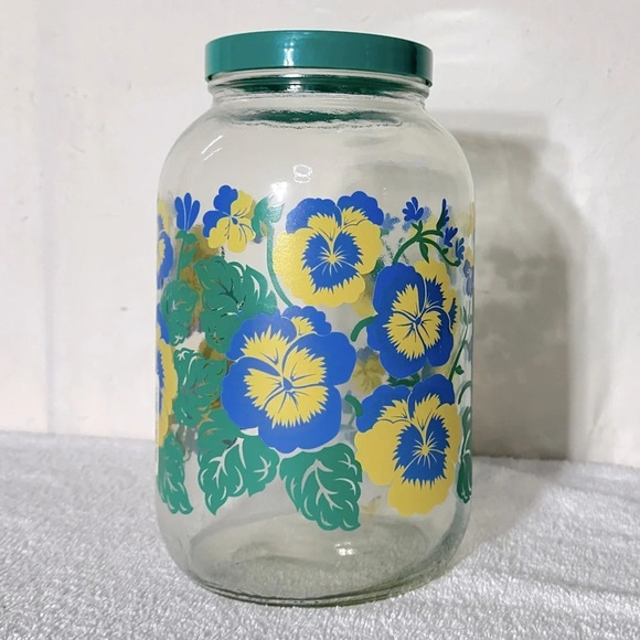 Vintage Large Floral Pansy  Print Gallon Storage Jar With Lid - Picture 1 of 14